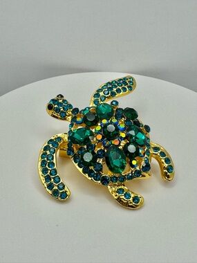 Blue and Green Rhinestone Sea Turtle Brooch